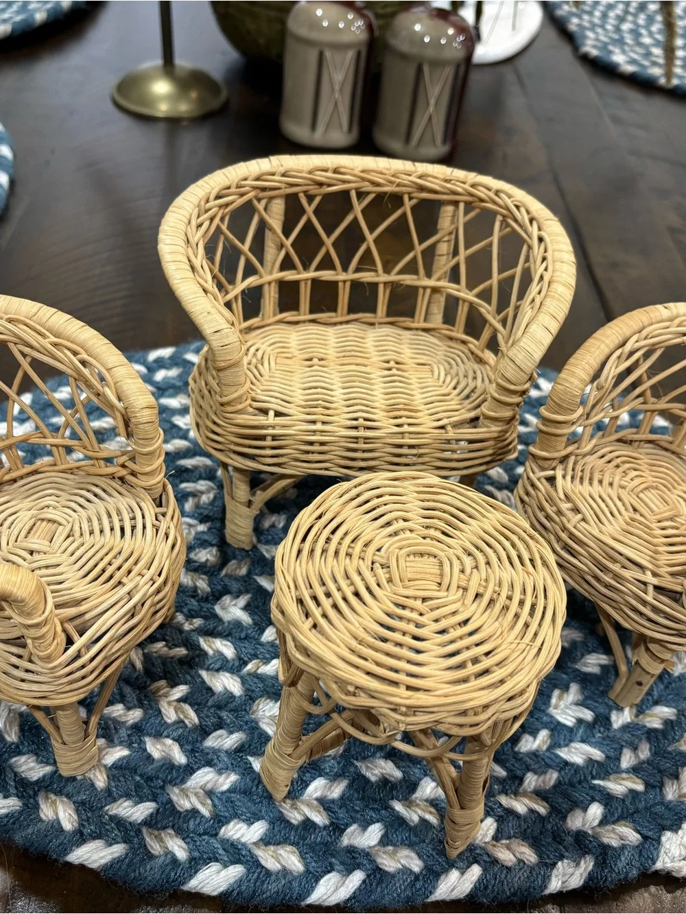 Vintage 70's  80's Natural Wicker Doll House Chair and Table Set